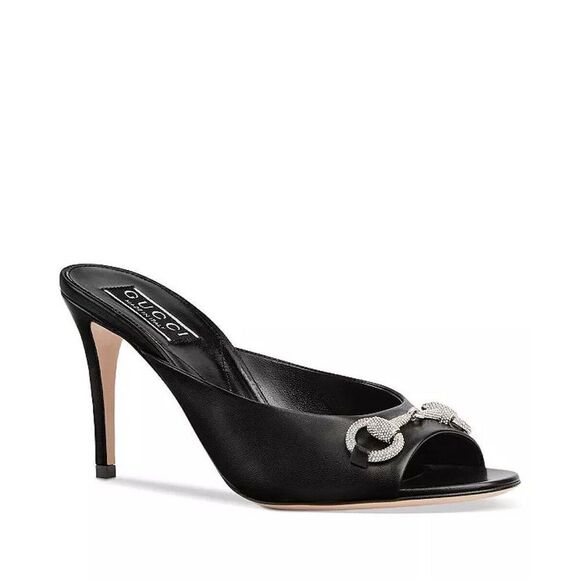 Gucci Shoes - Gucci Women's Crystal Embellished Horsebit 85 Leather Mule Heels Black 41